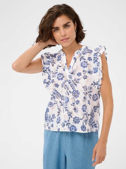KAFFE Kaluisa Floral Eyelet Ruffle V Neck Blouse, Chalk Midnight Flowe