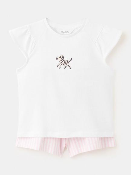 Mango Kids' Stripe Embroidered Zebra Short Pyjamas, Off White, Off White