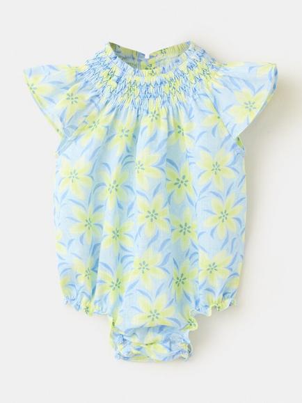 Mango Baby Short Sleeve High Neck Romper, Yellow/Multi, Yellow/Multi