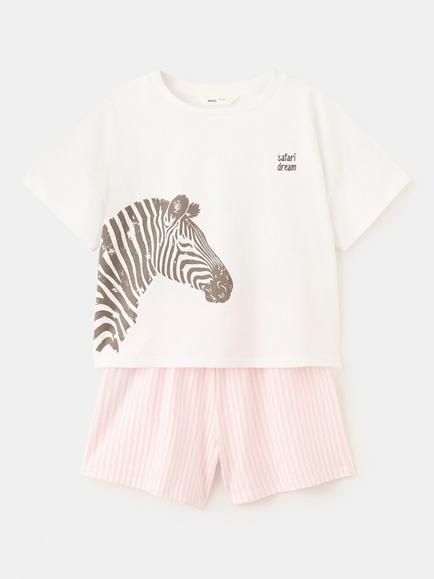 Mango Kids' Zebra Print Striped Short Pyjamas, Off White, Off White