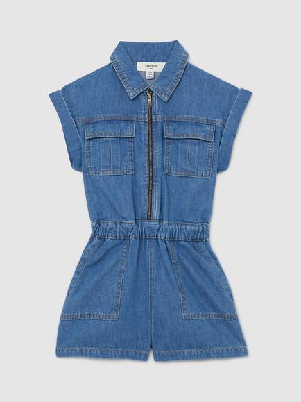 Reiss Kids' Jamie Denim Zip Front Playsuit, Blue, Blue