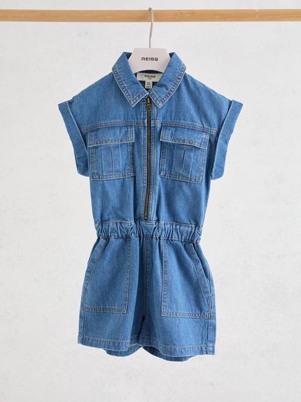 Reiss Kids' Jamie Denim Zip Front Playsuit, Blue - view 2, Blue