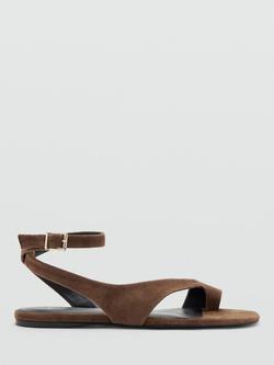 Mango Suede Ankle Strap Toe Loop Sandals, Brown, Brown