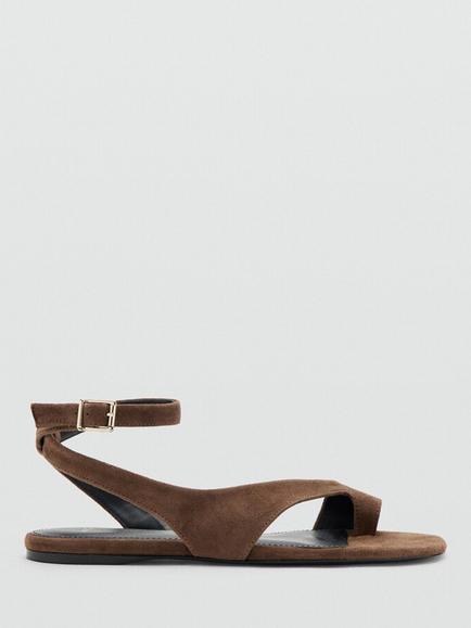 Mango Suede Ankle Strap Toe Loop Sandals, Brown, Brown