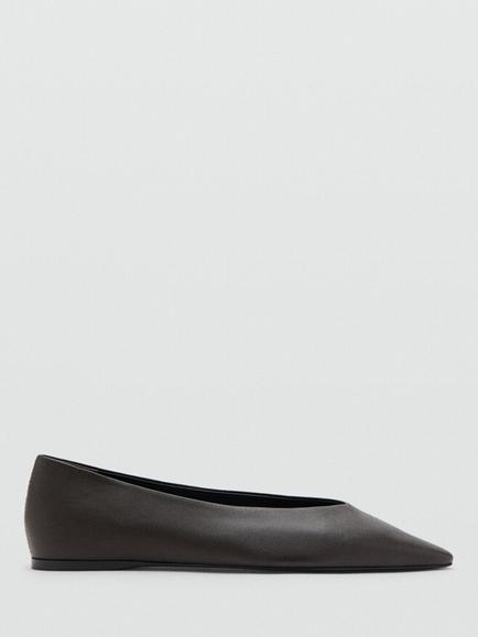 Mango Leather Pointed Ballerina Pumps, Chocolate, Chocolate