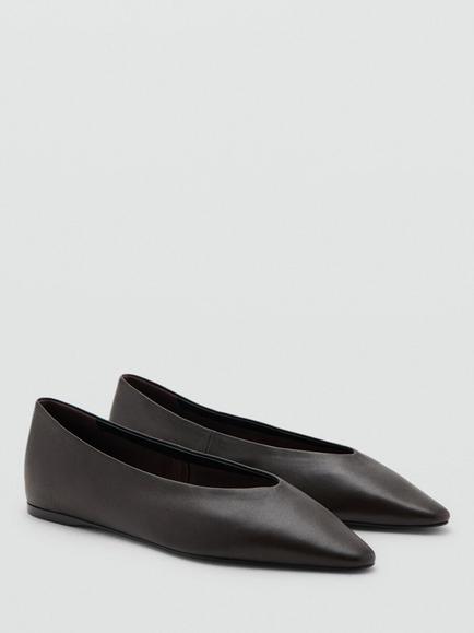 Mango Leather Pointed Ballerina Pumps, Chocolate - view 2, Chocolate