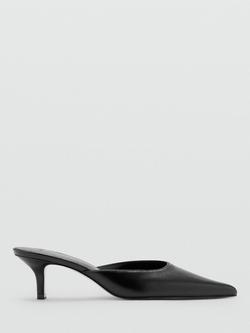 Mango Leather Pointed Toe Kitten Heel Mules, Black, Black