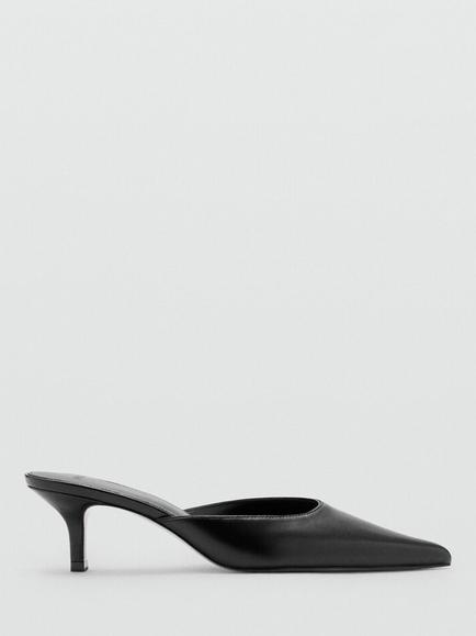 Mango Leather Pointed Toe Kitten Heel Mules, Black, Black
