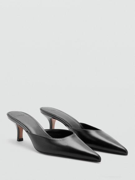 Mango Leather Pointed Toe Kitten Heel Mules, Black - view 2, Black