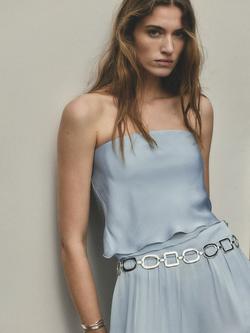 Mango Ruffled Hem Bandeau Cropped Top, Sky Blue, Sky Blue