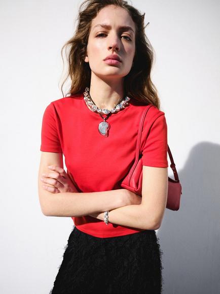 Mango Crew Neck Relaxed Cropped T-Shirt, Red, Red