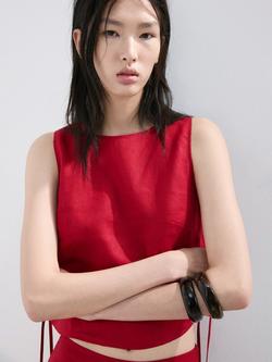 Mango Sleeveless Side Tie Linen Crop Top, Red