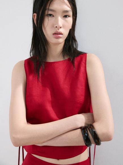 Mango Sleeveless Side Tie Linen Crop Top, Red