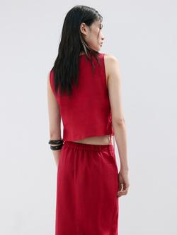Mango Sleeveless Side Tie Linen Crop Top - view 2, Red