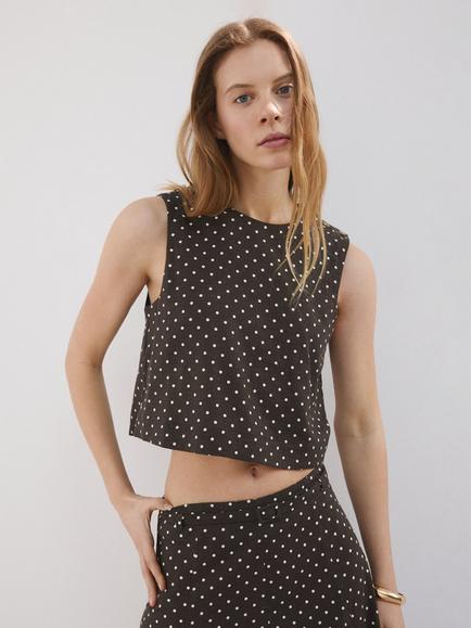 Mango Sleeveless Round Neck Linen Blend Cropped Top, Black, Black