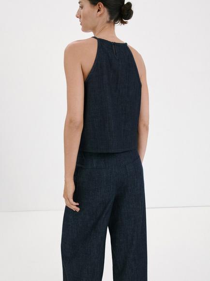 Mango Halterneck Denim Top, Soft Denim - view 2, Soft Denim