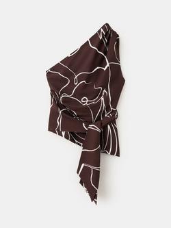 Mango Asymmetric One-Shoulder Tie-Waist Top, Brown, Brown