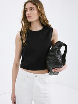 Mango Sleeveless Button Side Linen Crop Top, Black, Black