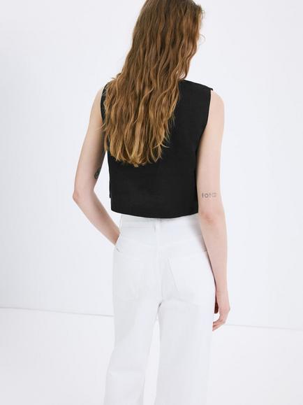 Mango Sleeveless Button Side Linen Crop Top, Black - view 2, Black