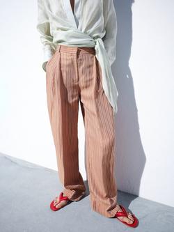 Mango Striped Pleated Wide Leg Trousers, Pink, Pink