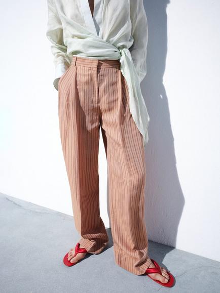 Mango Striped Pleated Wide Leg Trousers, Pink, Pink