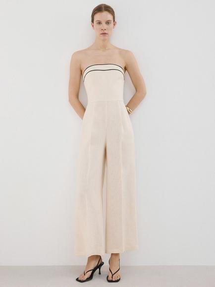 Mango Strapless Cropped Wide Leg Jumpsuit, Raw, Raw
