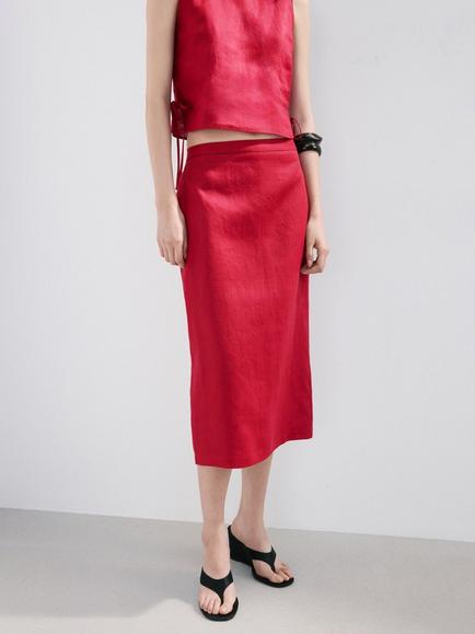 Mango High Waisted Tailored Pencil Midi Skirt, Red