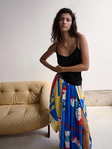 Mango High Waist Asymmetric Pleated Midi Skirt, Blue, Blue