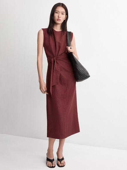 Mango Sleeveless Round Neck Tie Midi Dress, Wine, Wine