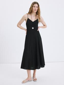 Mango Linen Blend Sleeveless A-Line Midi Dress, Black, Black