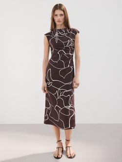 Mango Short Sleeve Ruched Midi Dress, Brown, Brown
