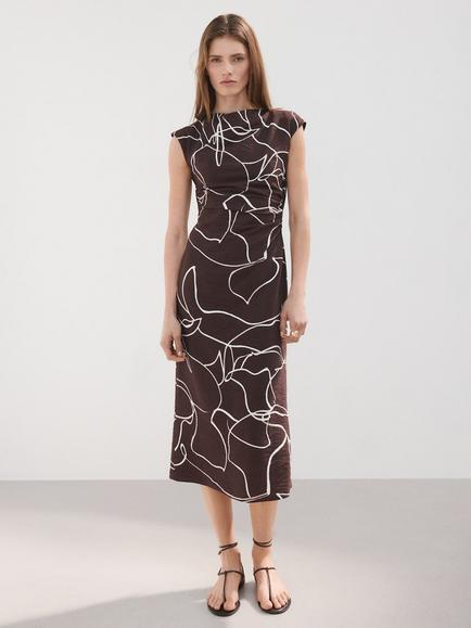 Mango Short Sleeve Ruched Midi Dress, Brown, Brown