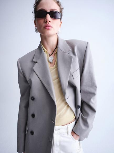 Mango Double Breasted Oversized Blazer, Grey, Grey