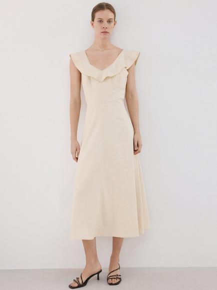 Mango Ruffle Linen Blend Fit Flare Midi Dress, Sand, Sand