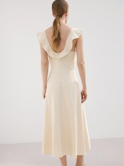 Mango Ruffle Linen Blend Fit Flare Midi Dress, Sand - view 2, Sand