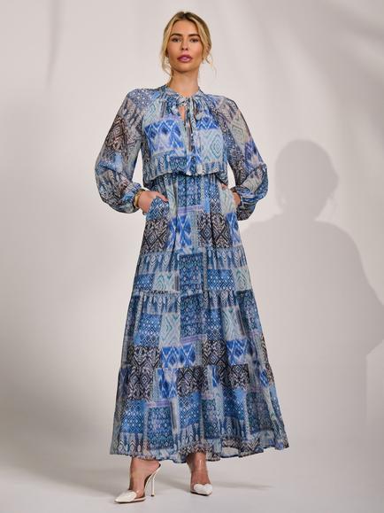 Jolie Moi Long Sleeve Maxi Dress, Blue Pattern, Blue Pattern