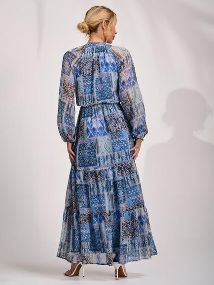 Jolie Moi Long Sleeve Maxi Dress, Blue Pattern - view 2, Blue Pattern