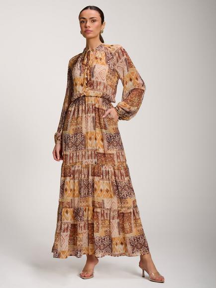Jolie Moi Long Sleeve Maxi Dress, Orange Pattern, Orange Pattern