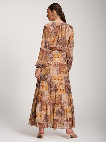 Jolie Moi Long Sleeve Maxi Dress, Orange Pattern - view 2, Orange Pattern