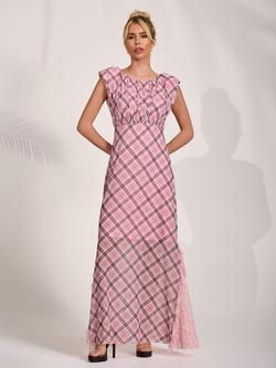 Jolie Moi Sleeveless Mesh Maxi Dress, Pink Check, Pink Check