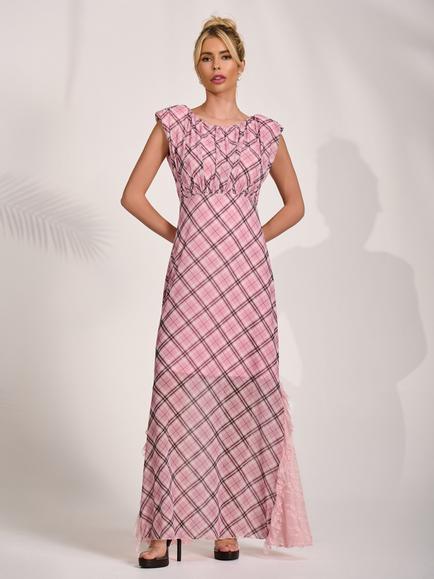 Jolie Moi Sleeveless Mesh Maxi Dress, Pink Check, Pink Check