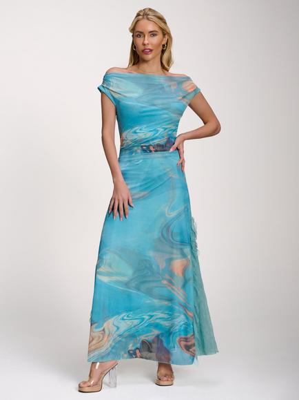 Jolie Moi Cowl Neck Mesh Maxi Dress, Blue Abstract, Blue Abstract
