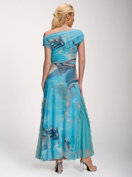 Jolie Moi Cowl Neck Mesh Maxi Dress, Blue Abstract - view 2, Blue Abstract