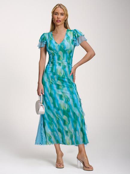 Jolie Moi V-Neck Mesh Midi Dress, Blue, Blue