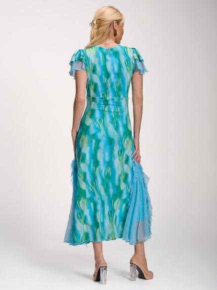 Jolie Moi V-Neck Mesh Midi Dress, Blue - view 2, Blue
