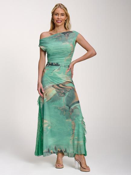 Jolie Moi Ruched Cowl Neck Maxi Dress, Green Abstract, Green Abstract