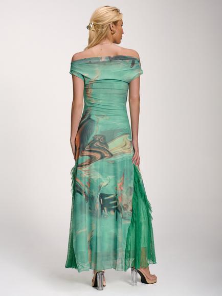 Jolie Moi Ruched Cowl Neck Maxi Dress, Green Abstract - view 2, Green Abstract