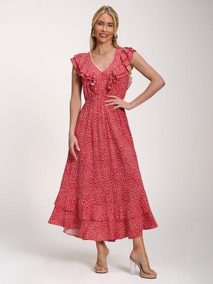Jolie Moi V-Neck Ruffle Midi Dress, Red Ditsy, Red Ditsy