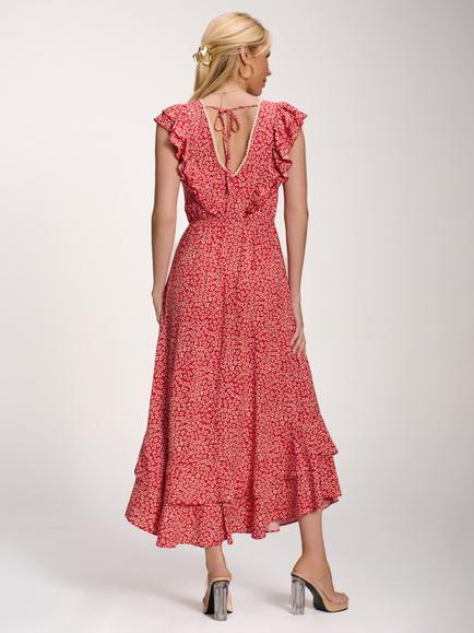 Jolie Moi V-Neck Ruffle Midi Dress, Red Ditsy - view 2, Red Ditsy