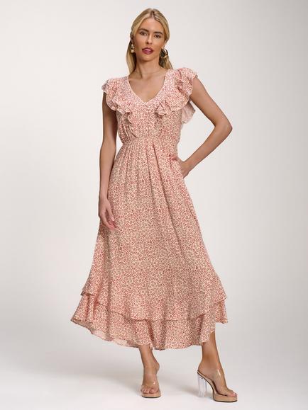 Jolie Moi V-Neck Ruffle Midi Dress, Beige Ditsy, Beige Ditsy